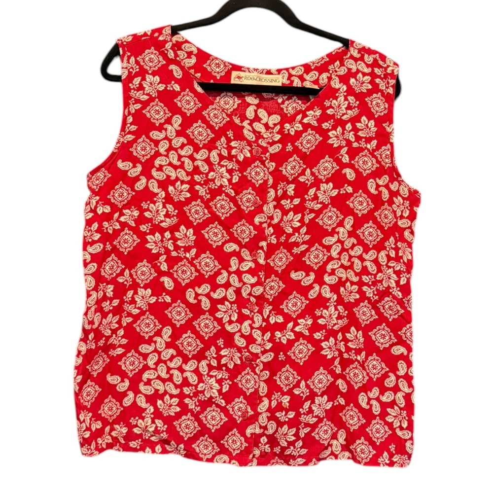 VTG 90s Roo Crossing Red Paisley Rayon Button Front Sleeveless‎ Tank Top Sz M